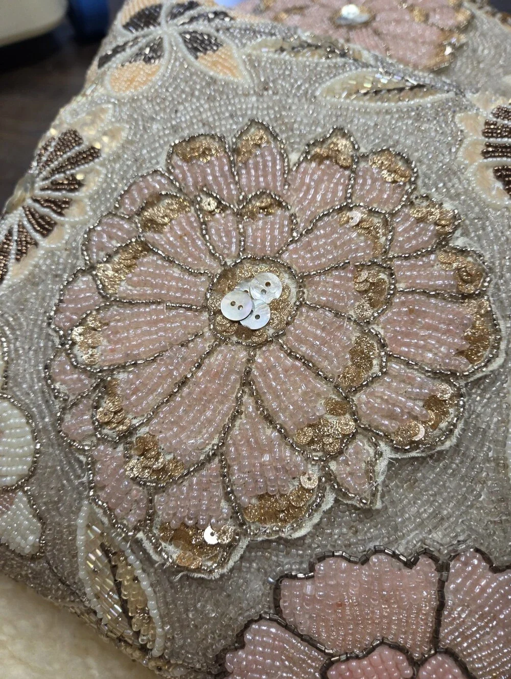 Set of 2 Pier 1 Imports Beaded Sequin Floral Throw Pillows Pink Gold Cream 11